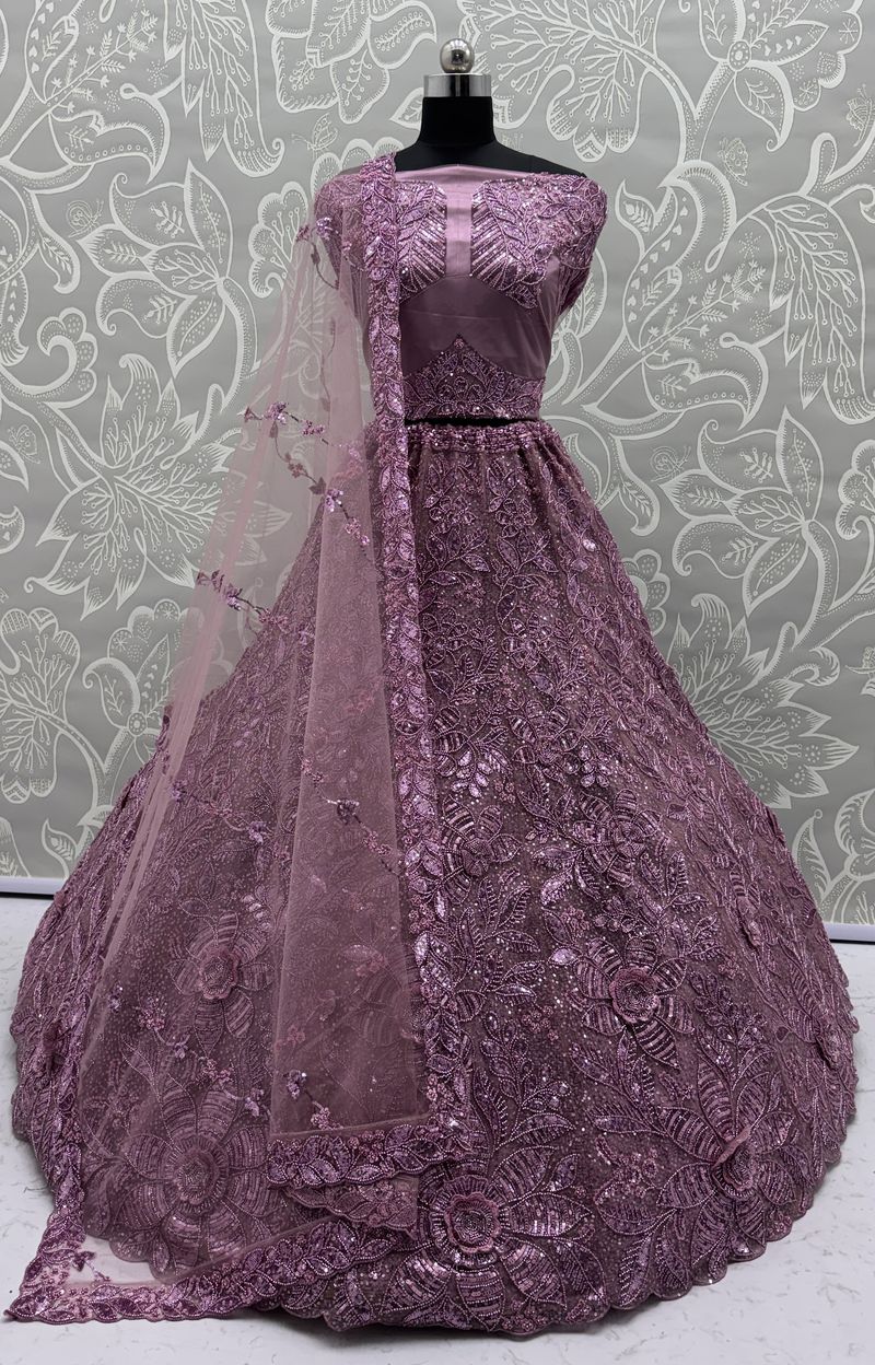 Lavender Pure Soft Net Heavy Embroidery Work Bridal Lehenga