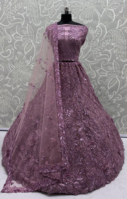 Lavender Pure Soft Net Heavy Embroidery Work Bridal Lehenga