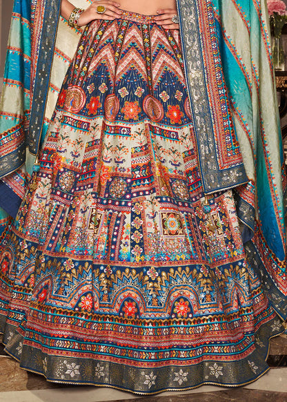 Steel Blue Multicolor Banarasi Silk Lehenga Choli with Woven Design
