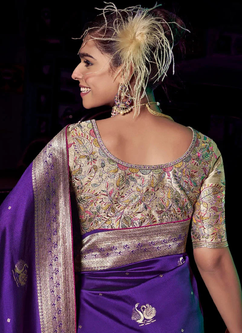 Purple Pure Silk with 3D weaved Pallu &amp; Heavy Embroidery Banarasi Saree 