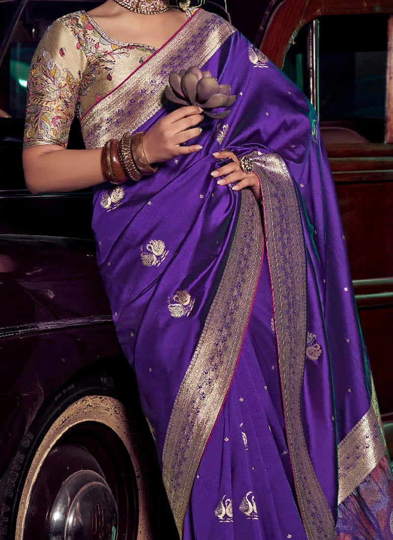 Purple Pure Silk with 3D weaved Pallu &amp; Heavy Embroidery Banarasi Saree 