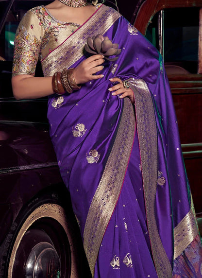 Purple Pure Silk with 3D weaved Pallu &amp; Heavy Embroidery Banarasi Saree 