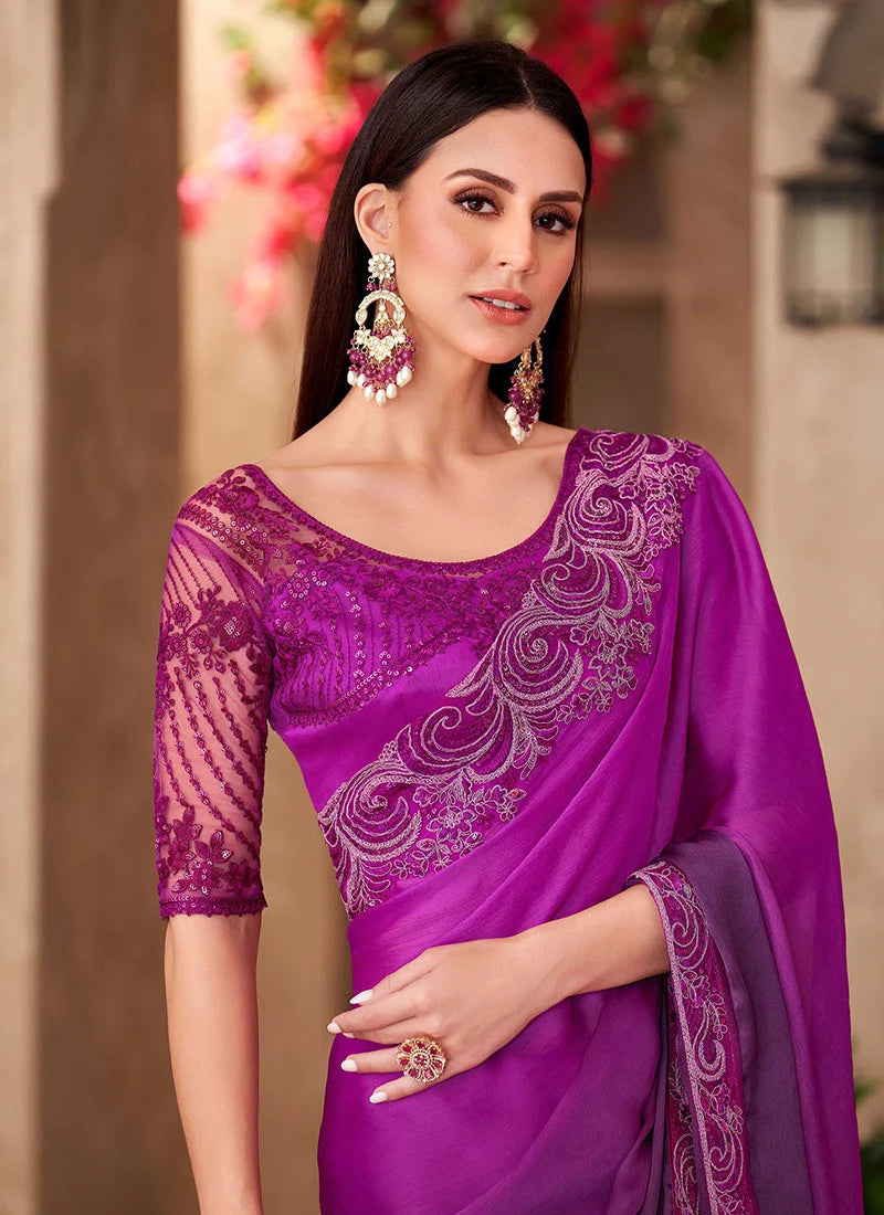 Magenta Pure Georgette Chiffon With Embroidery Sequins Saree 