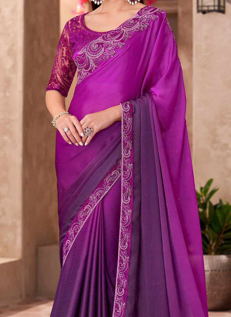 Magenta Pure Georgette Chiffon With Embroidery Sequins Saree 