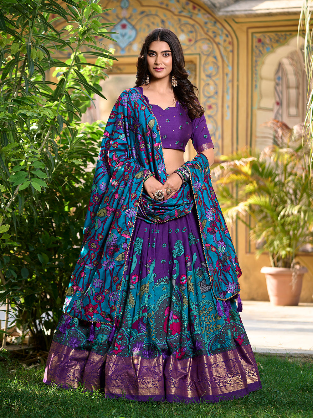 Purple Pure Tasar Silk Kalamkari Print With Foil Work Lehenga Choli