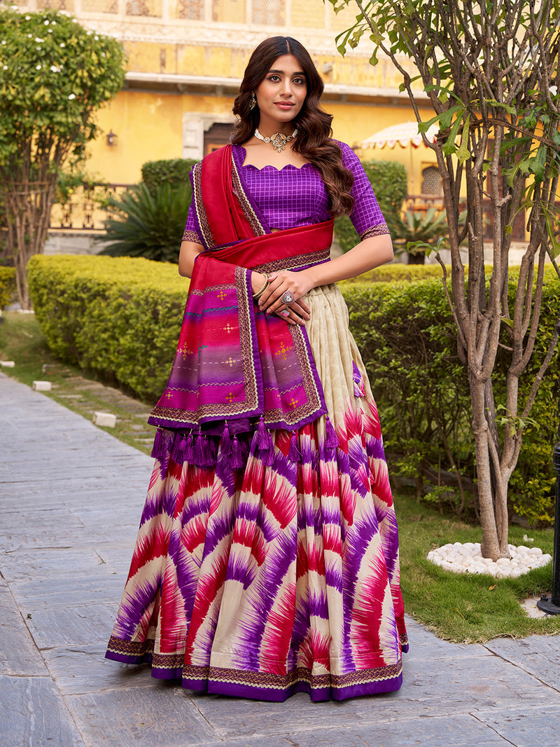 Purple Color Tie And Dye Printed Tasar Silk Lehenga Choli 