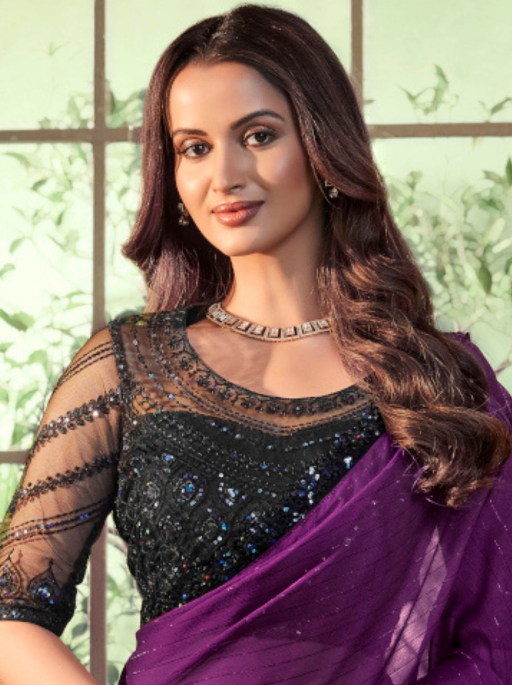 Violet Purple Pure Georgette Burberry Silk With Floral Sequins Saree 