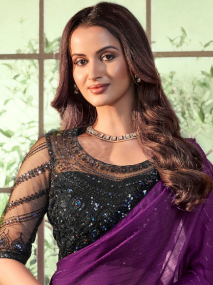 Violet Purple Pure Georgette Burberry Silk With Floral Sequins Saree 