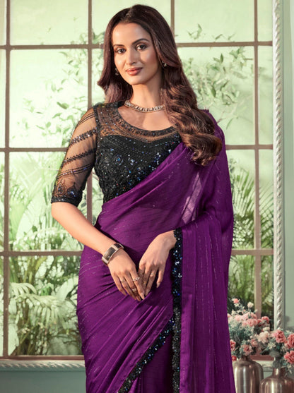 Violet Purple Pure Georgette Burberry Silk With Floral Sequins Saree 