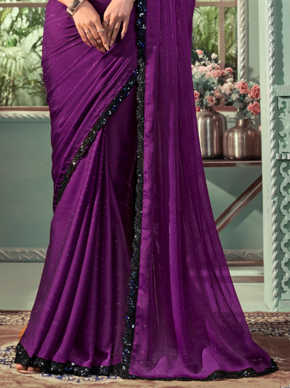 Violet Purple Pure Georgette Burberry Silk With Floral Sequins Saree ##color## Georgette Saree with premium fabric and embroidery