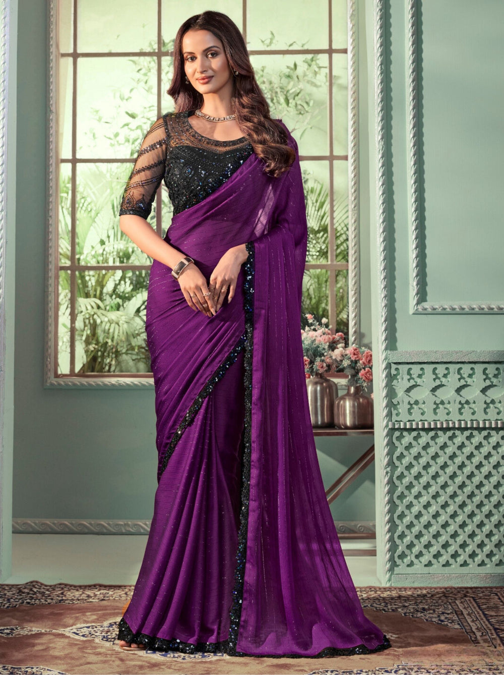 Violet Purple Pure Georgette Burberry Silk With Floral Sequins Saree 