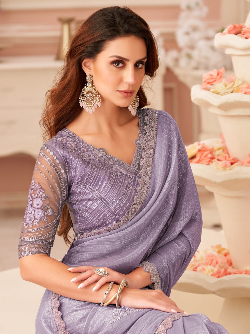 Lavender Pure Georgette Burberry Silk With Floral Sequins Saree ##color## Georgette Saree with premium fabric and embroidery