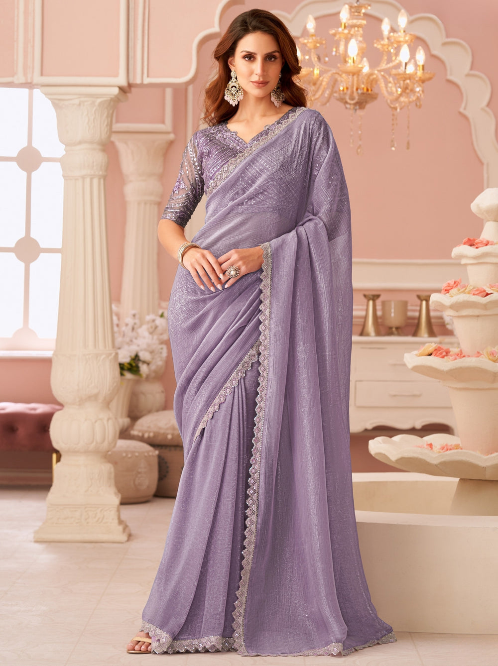 Lavender Pure Georgette Burberry Silk With Floral Sequins Saree 