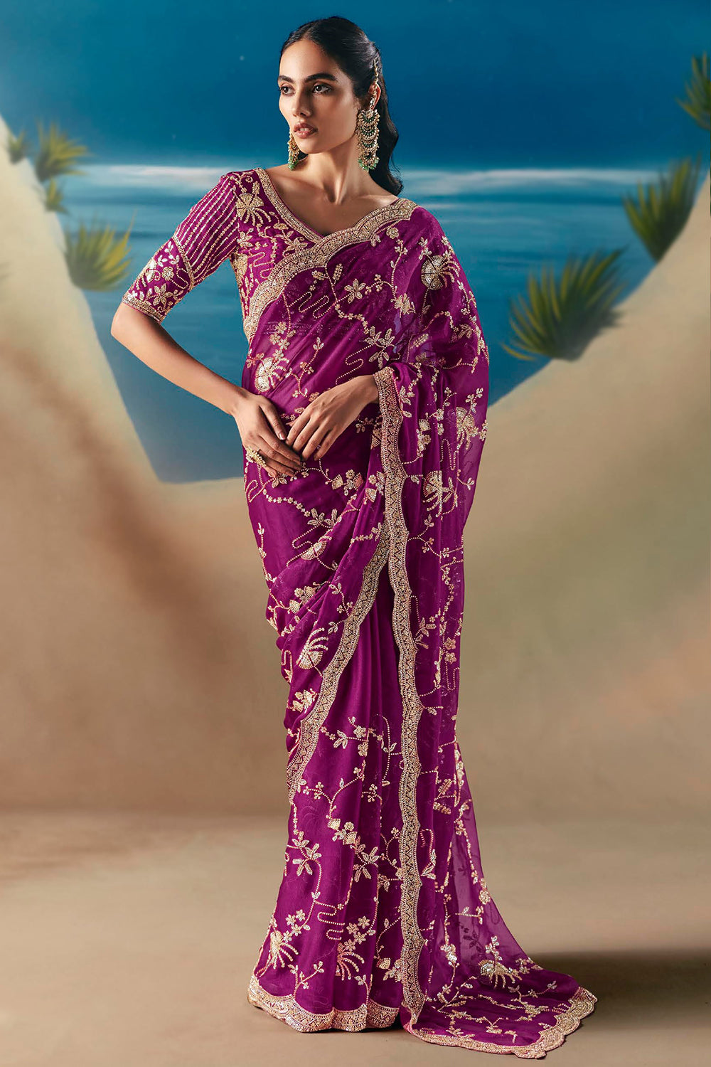 Purple Fancy Satin Organza Silk Zari Embroidered Sequins With Bridal Saree 