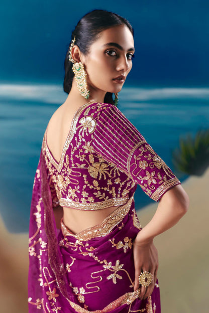 Purple Fancy Satin Organza Silk Zari Embroidered Sequins With Bridal Saree 