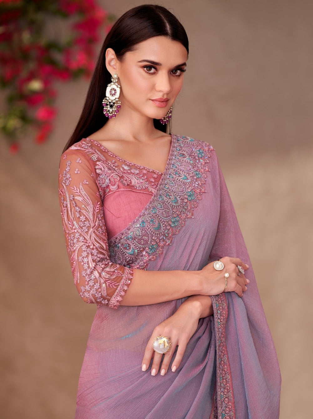 Lavender Pure Georgette Chiffon With Embroidery Sequins Saree 