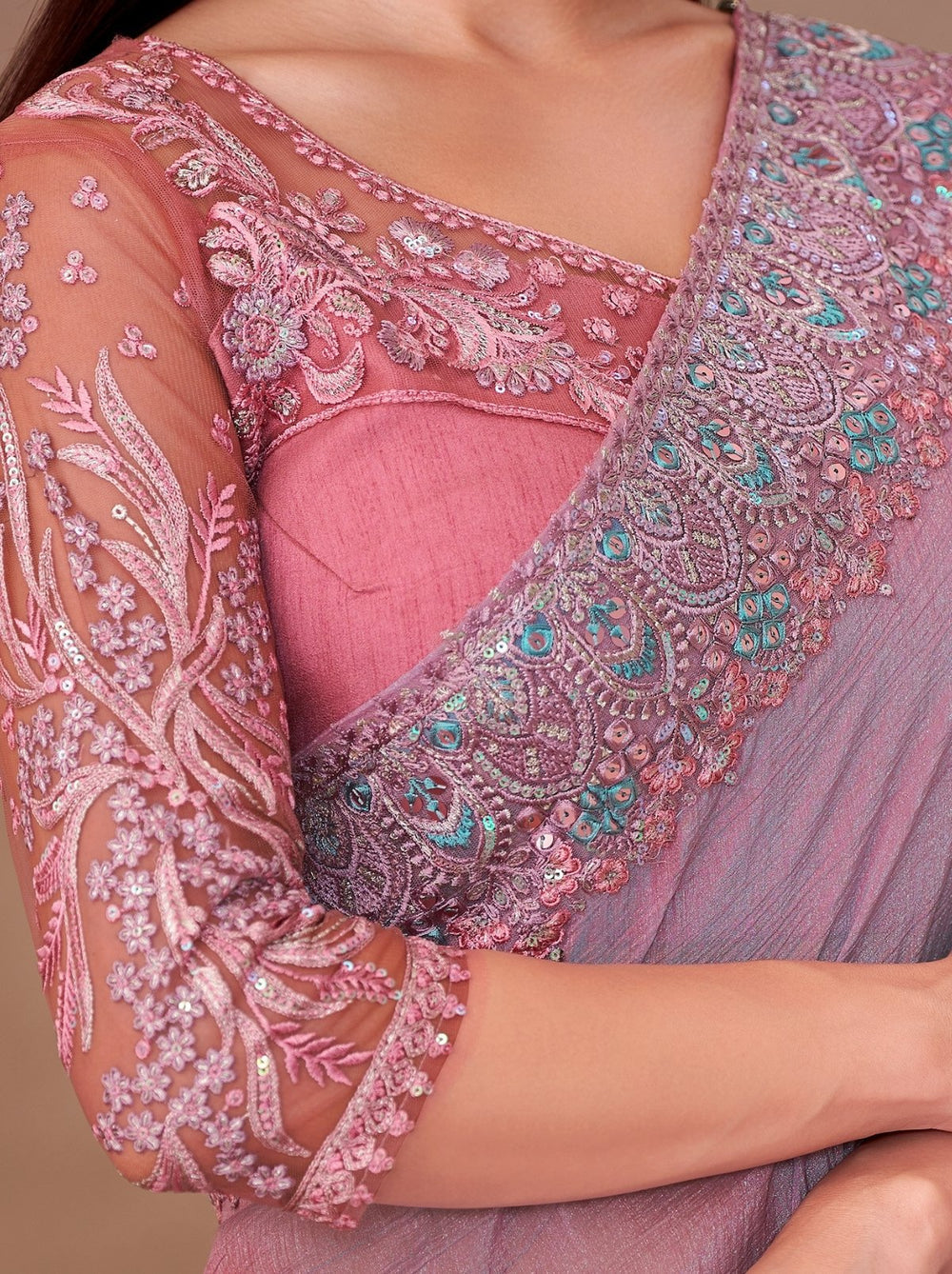 Lavender Pure Georgette Chiffon With Embroidery Sequins Saree 