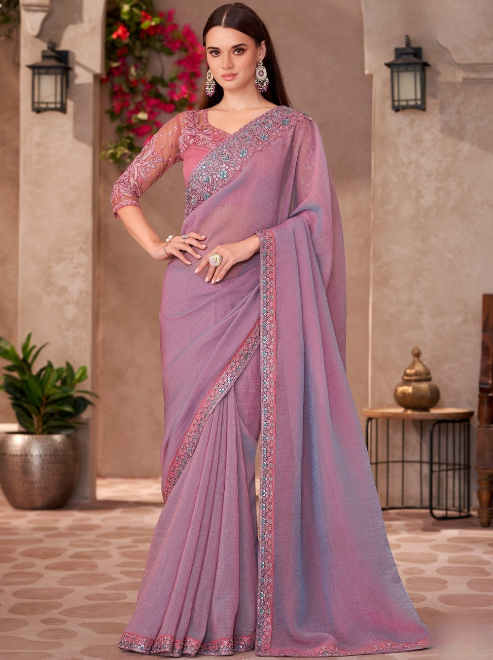 Lavender Pure Georgette Chiffon With Embroidery Sequins Saree 