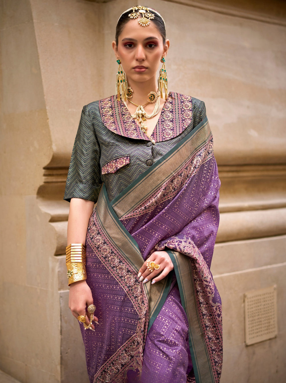 Violet Pure Viscose Silk Blend Foil Print Saree
