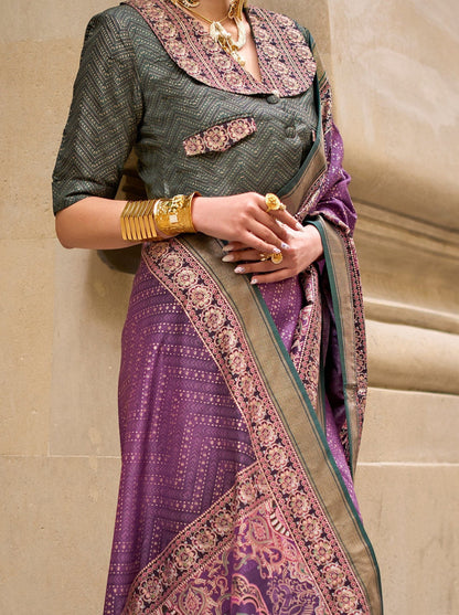 Violet Pure Viscose Silk Blend Foil Print Saree 