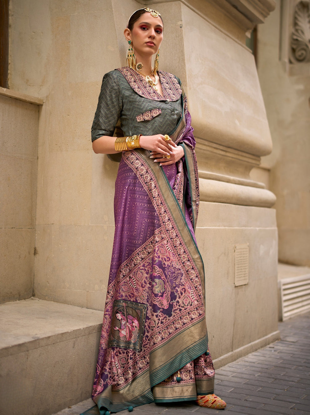 Violet Pure Viscose Silk Blend Foil Print Saree