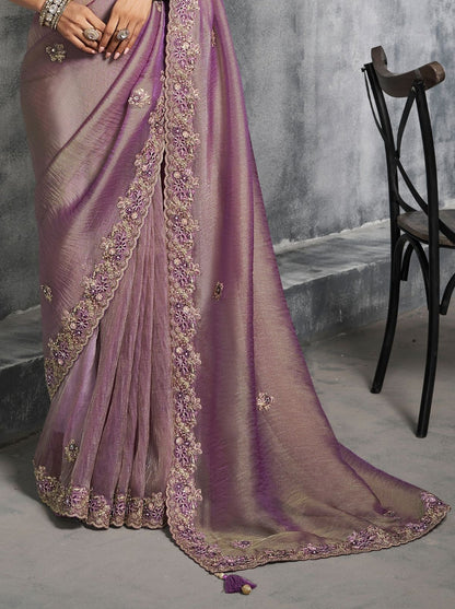Lavender Purple Premium Zari Tissue Silk Bridal Saree 
