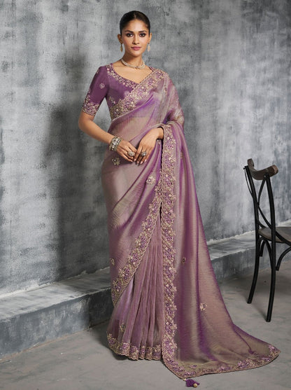 Lavender Purple Premium Zari Tissue Silk Bridal Saree 
