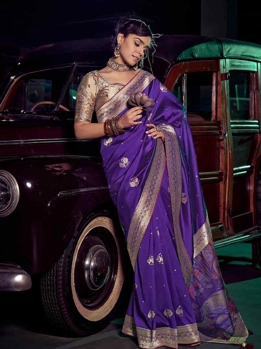 Purple Pure Silk with 3D weaved Pallu &amp; Heavy Embroidery Banarasi Saree 