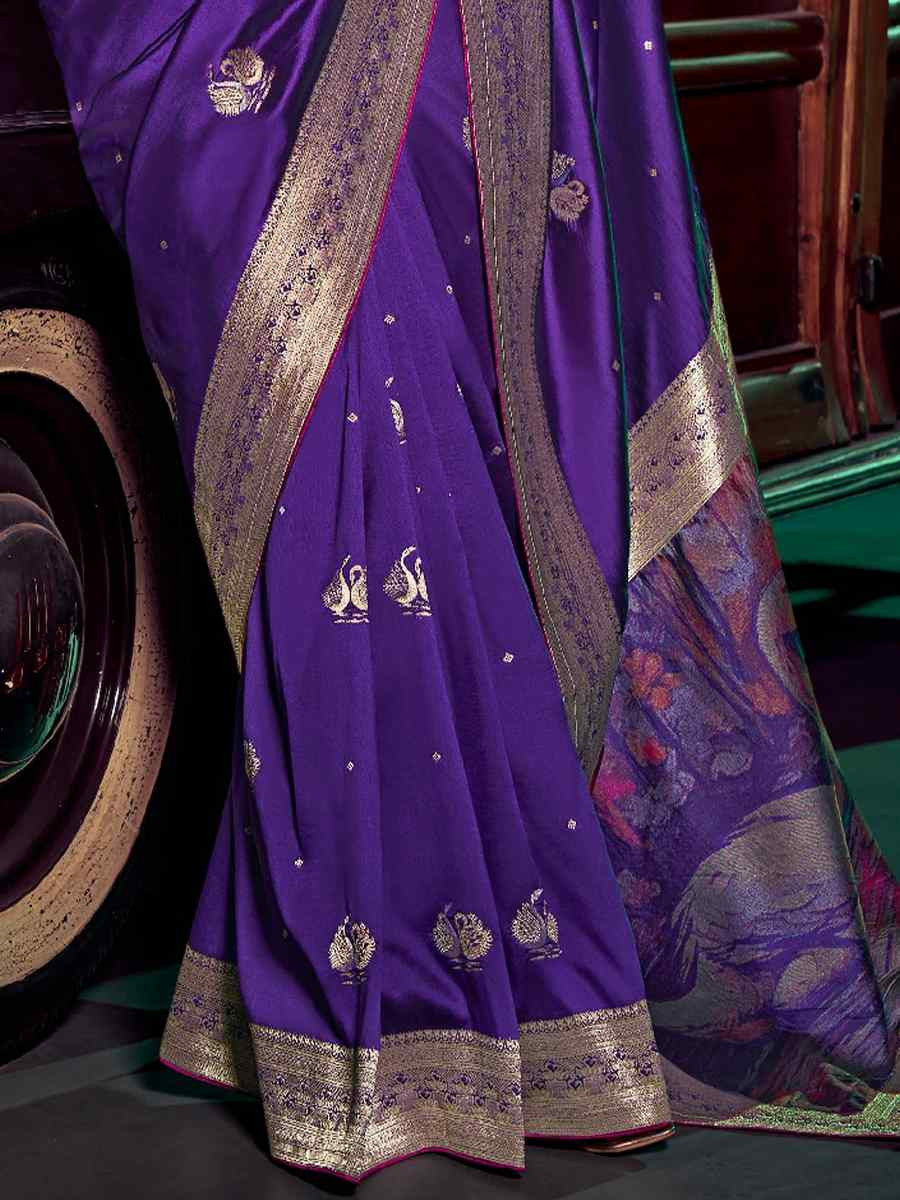 Purple Pure Silk with 3D weaved Pallu &amp; Heavy Embroidery Banarasi Saree 