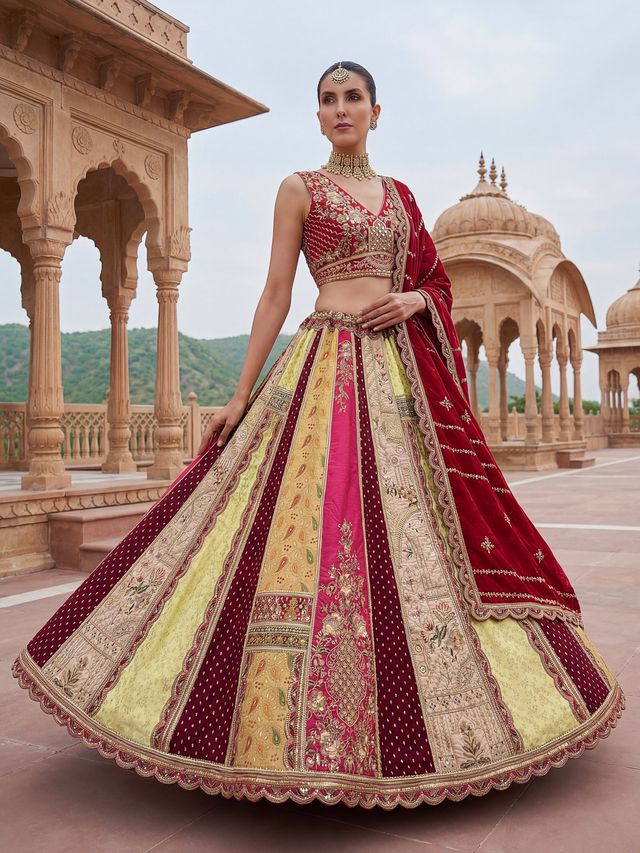 Multicolour Pure Soft Silk Heavy Embroidery Work Bridal Lehenga 