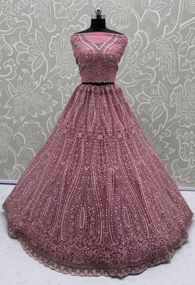 Pink Pure Soft Net Heavy Embroidery Work Bridal Lehenga