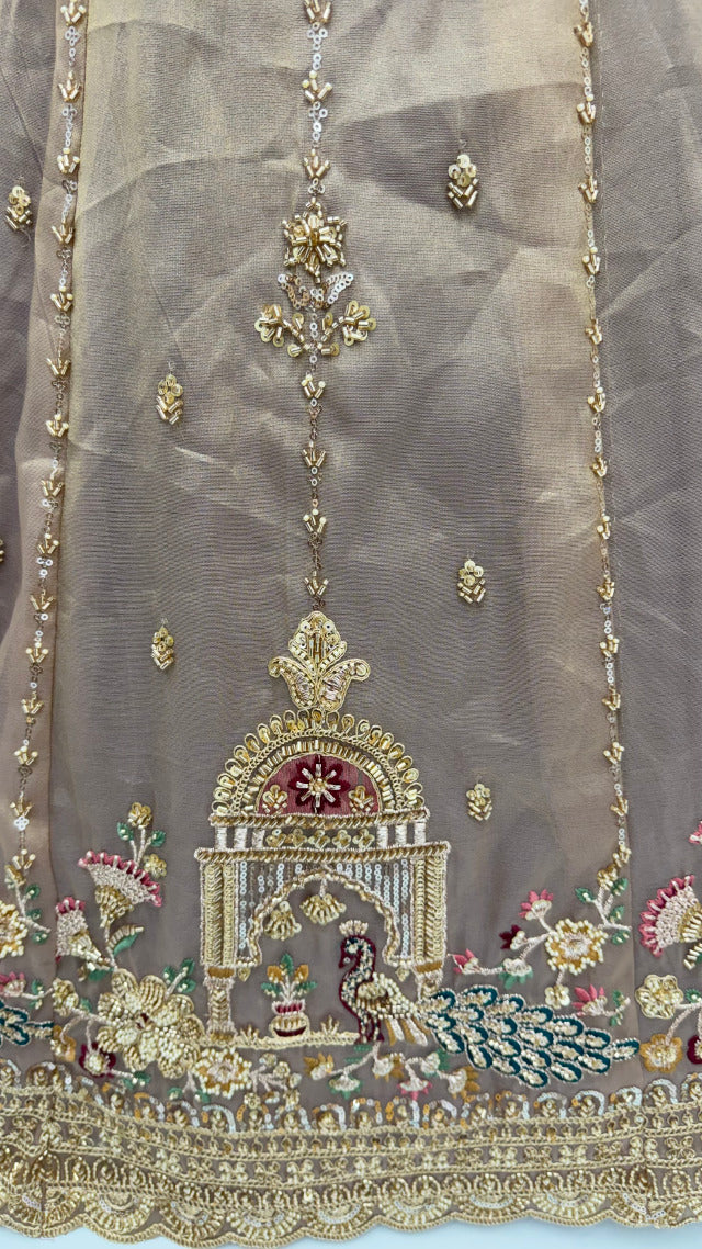 Light Brown Pure Chandnia Silk Handwork Motif Peacock Pattern Crystal Beads Multi Thread Dori &amp; Sequins Work Bridal Lehenga Choli