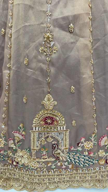 Light Brown Pure Chandnia Silk Handwork Motif Peacock Pattern Crystal Beads Multi Thread Dori &amp; Sequins Work Bridal Lehenga Choli