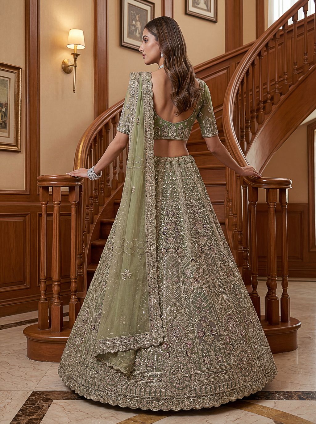 Pista Pure Soft Heavy Net Sequins Embroidery Work Bridal Lehenga 