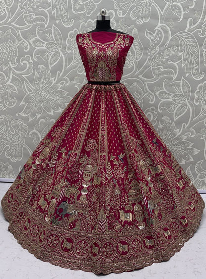 Rani Pink Pure Soft Gadwal Silk Heavy Embroidery Work Bridal Lehenga 