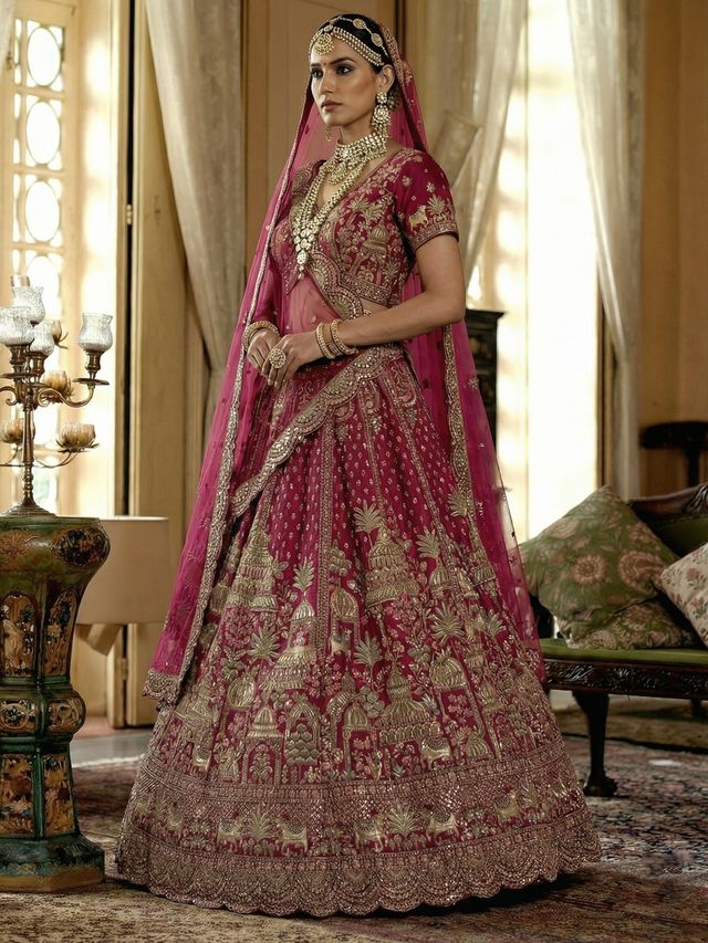 Pink Pure Soft Net Heavy Embroidery Work Bridal Lehenga