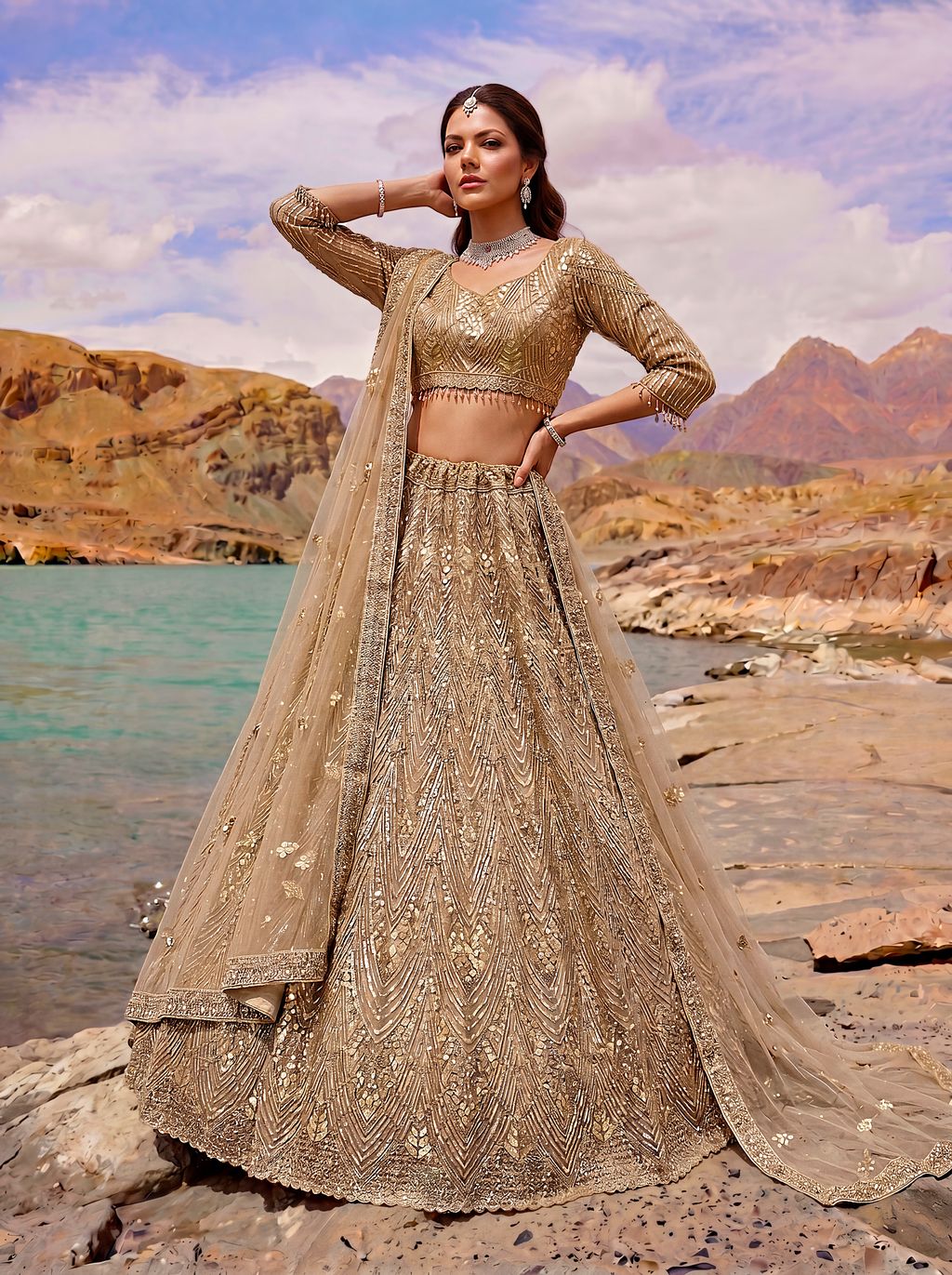 Golden Pure Soft Heavy Net Fancy Embroidery Work Bridal Lehenga Choli