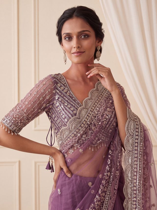 Purple Pure Premium Net Handwork Kasti &amp; Motif Zari Metallic Sequins Work Wedding Saree