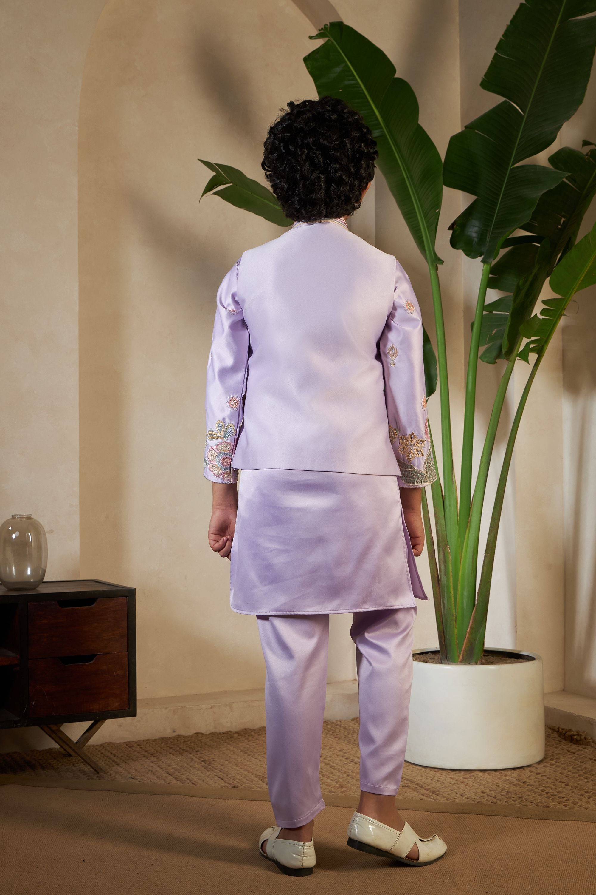 Lavender Pure Satin Silk Kids Boy Kurta Pajama With Koti Jacket 
