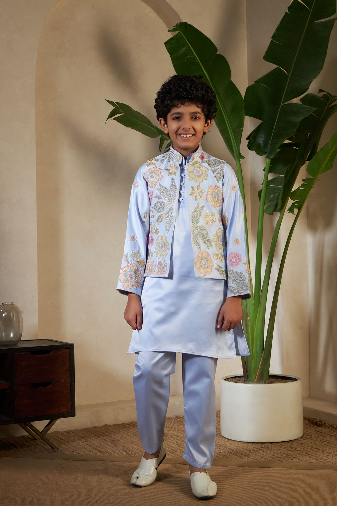 Sky Pure Satin Silk Kids Boy Kurta Pajama With Koti Jacket 