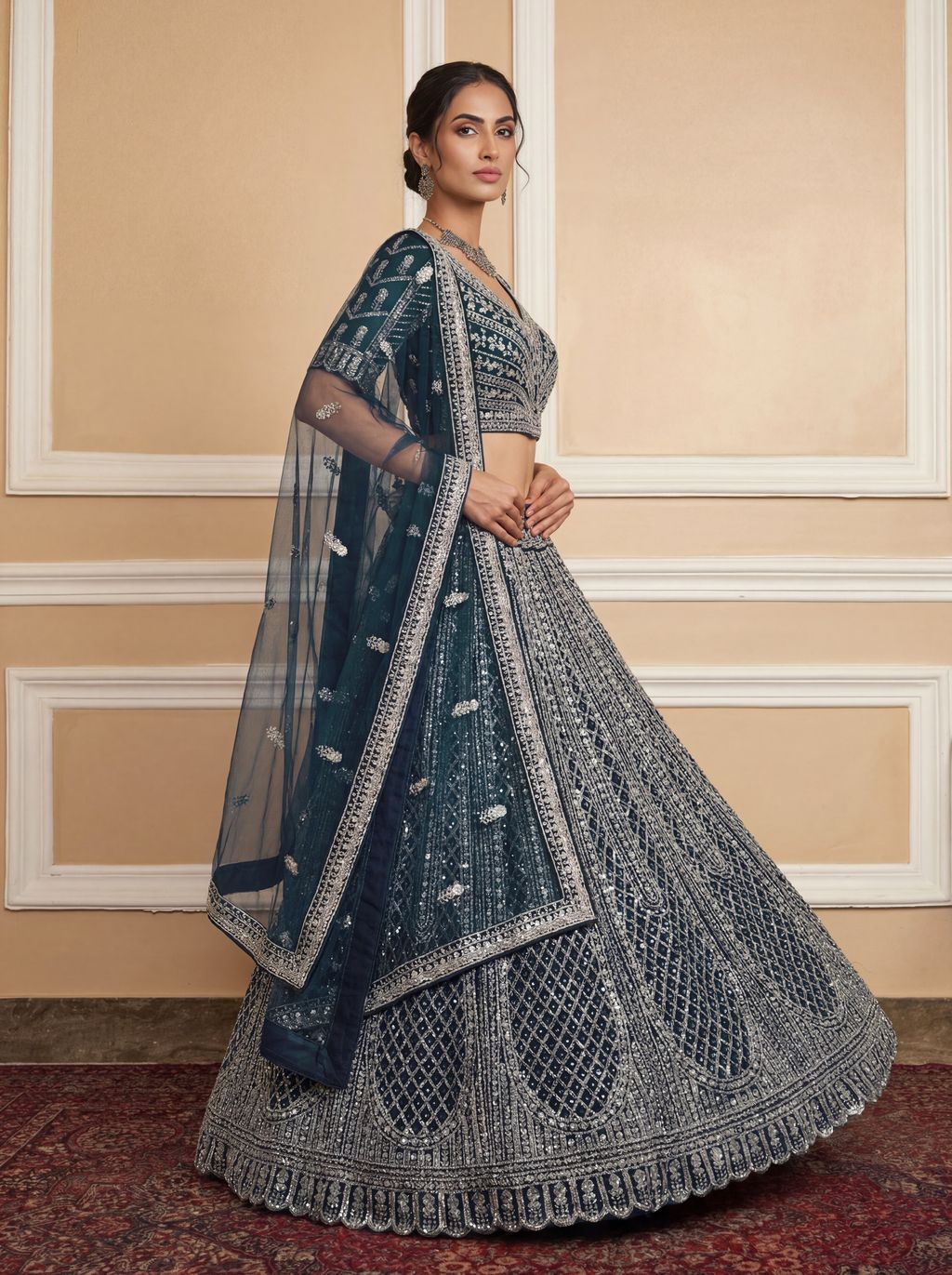 Rama Blue Pure Soft Net Heavy Embroidery Work Bridal Lehenga