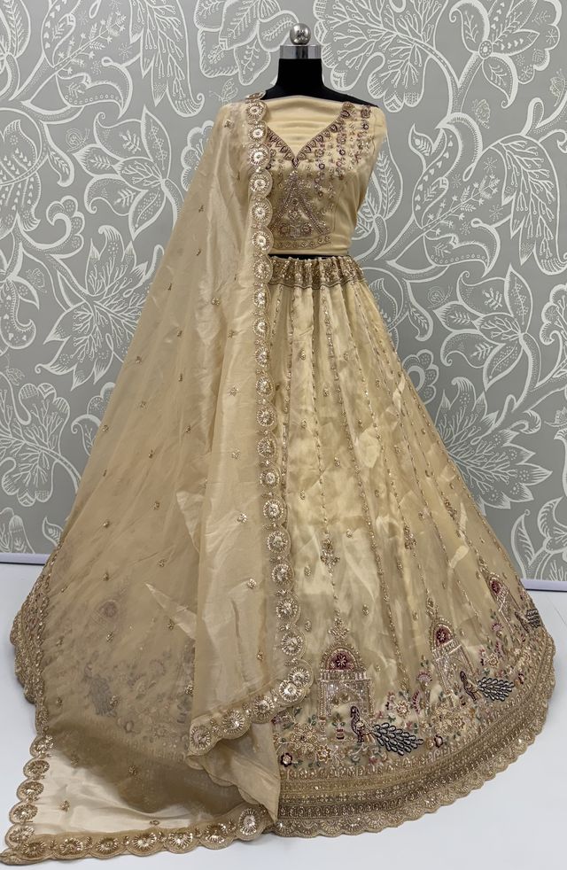 Off White Pure Chandnia Silk Handwork Motif Peacock Pattern Crystal Beads Multi Thread Dori &amp; Sequins Work Bridal Lehenga Choli