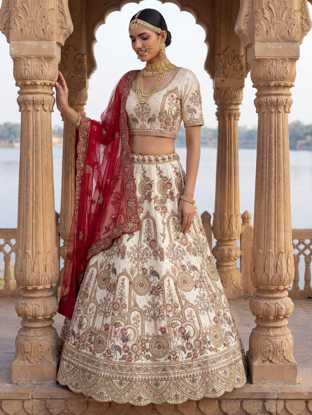 Off White Pure Soft Silk Heavy Embroidery Work Bridal Lehenga 