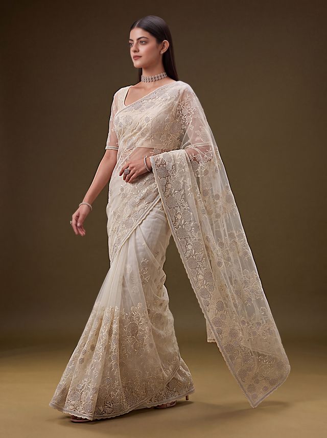 Cream Pure Premium Net Handwork Kasti &amp; Motif Zari Metallic Sequins Work Wedding Saree