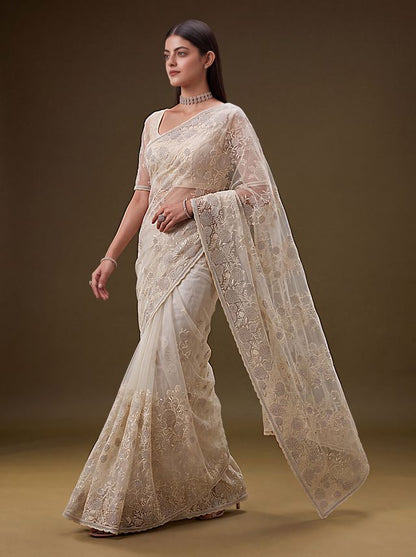 Cream Pure Premium Net Handwork Kasti &amp; Motif Zari Metallic Sequins Work Wedding Saree