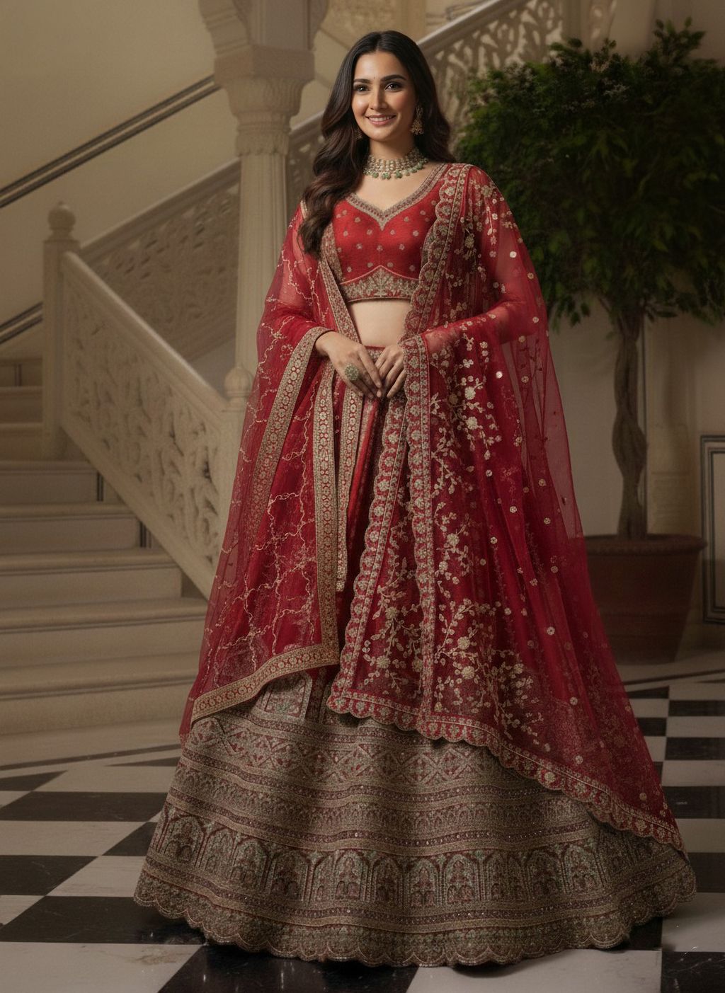 Red Pure Soft Gadhwal Silk Heavy Embroidery Work Bridal Lehenga