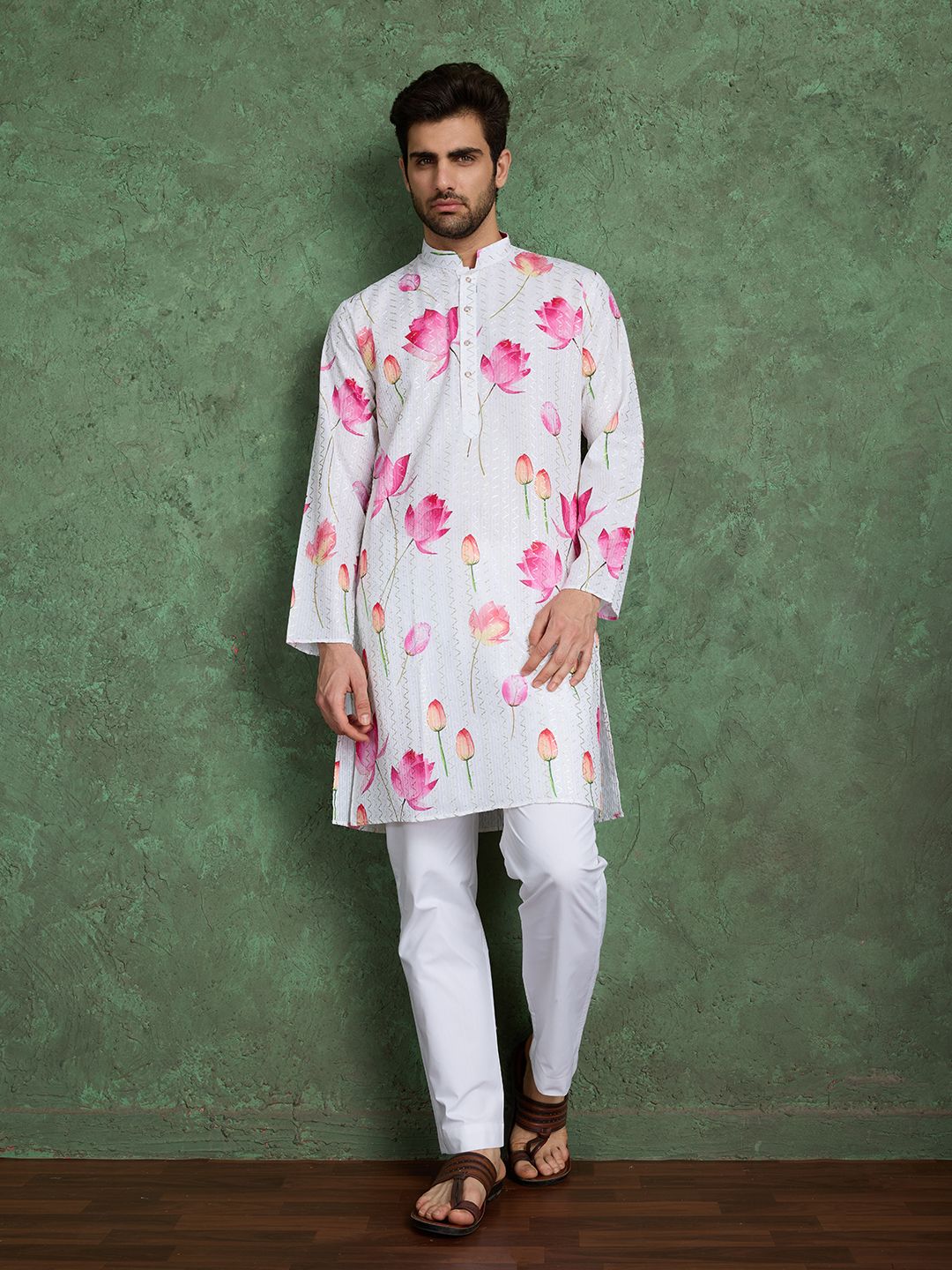 White &amp; Pink Pure Heavy Reyon Silk with Embroidery Work Printed Kurta Pajama