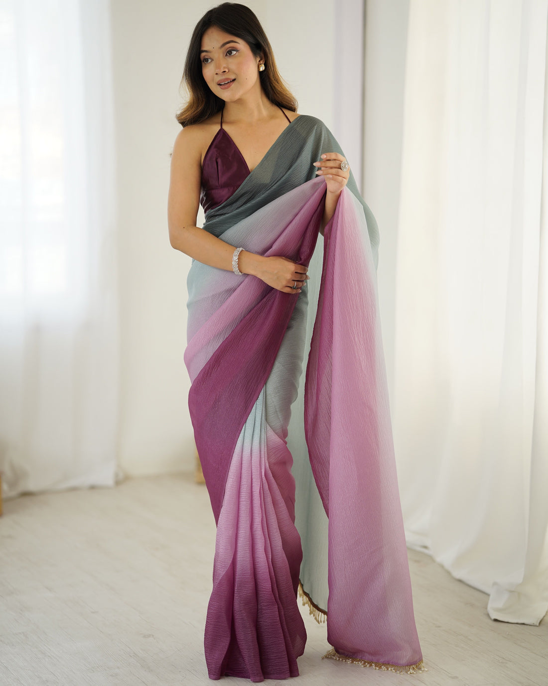 Grey shaded Pure Soft Candy Crush Silk Ready to Wear Saree 
