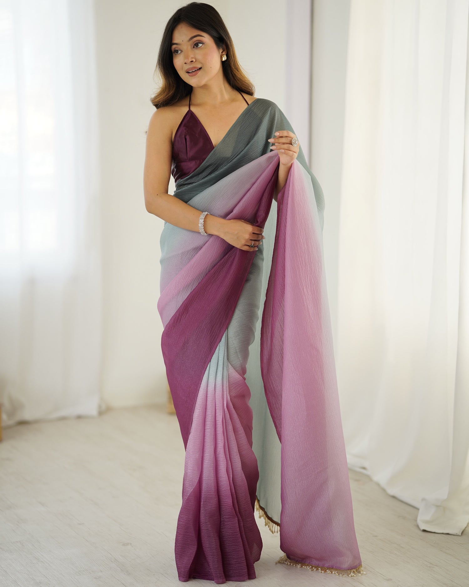 Grey shaded Pure Soft Candy Crush Silk Ready to Wear Saree 