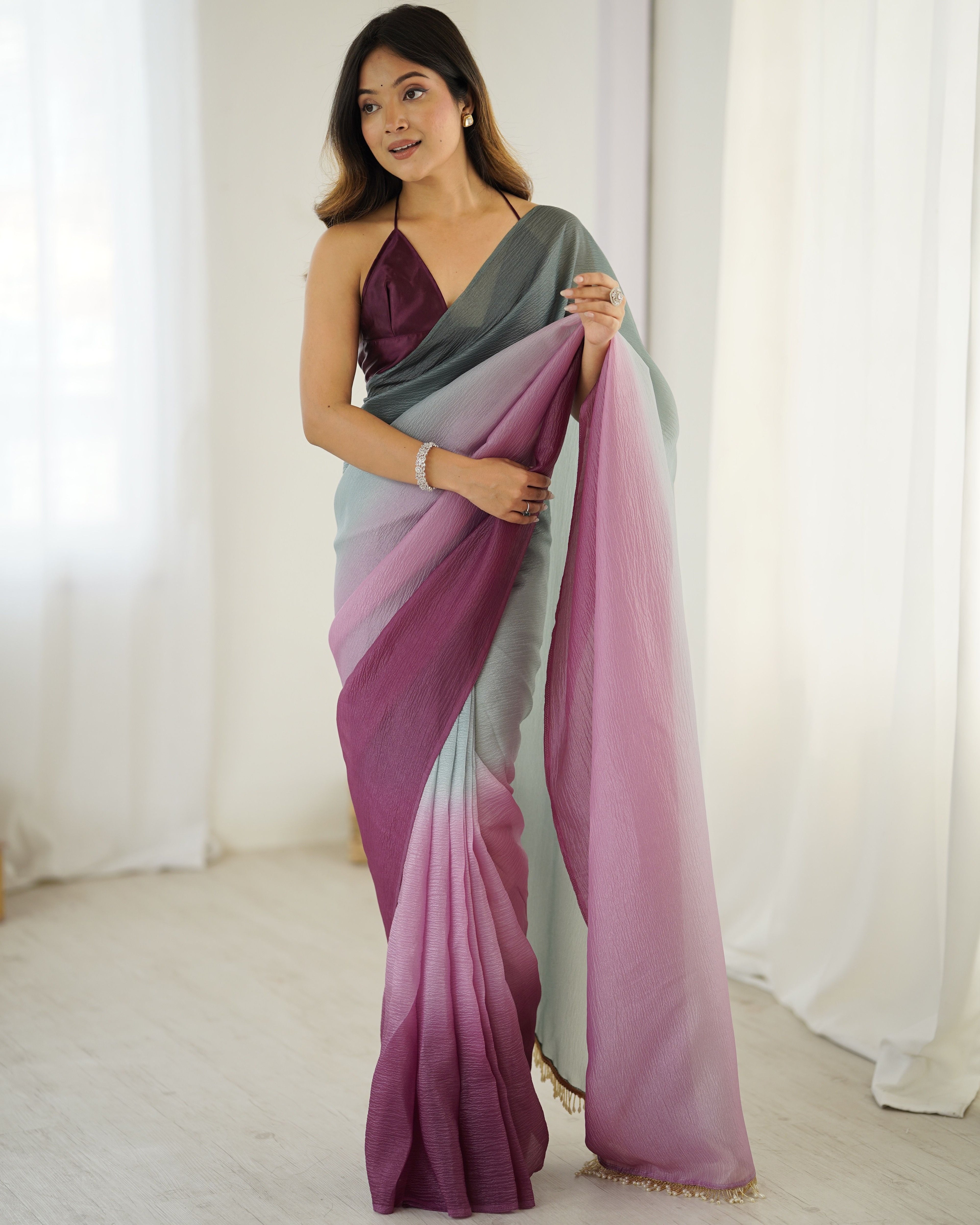 Grey shaded Pure Soft Candy Crush Silk Ready to Wear Saree 